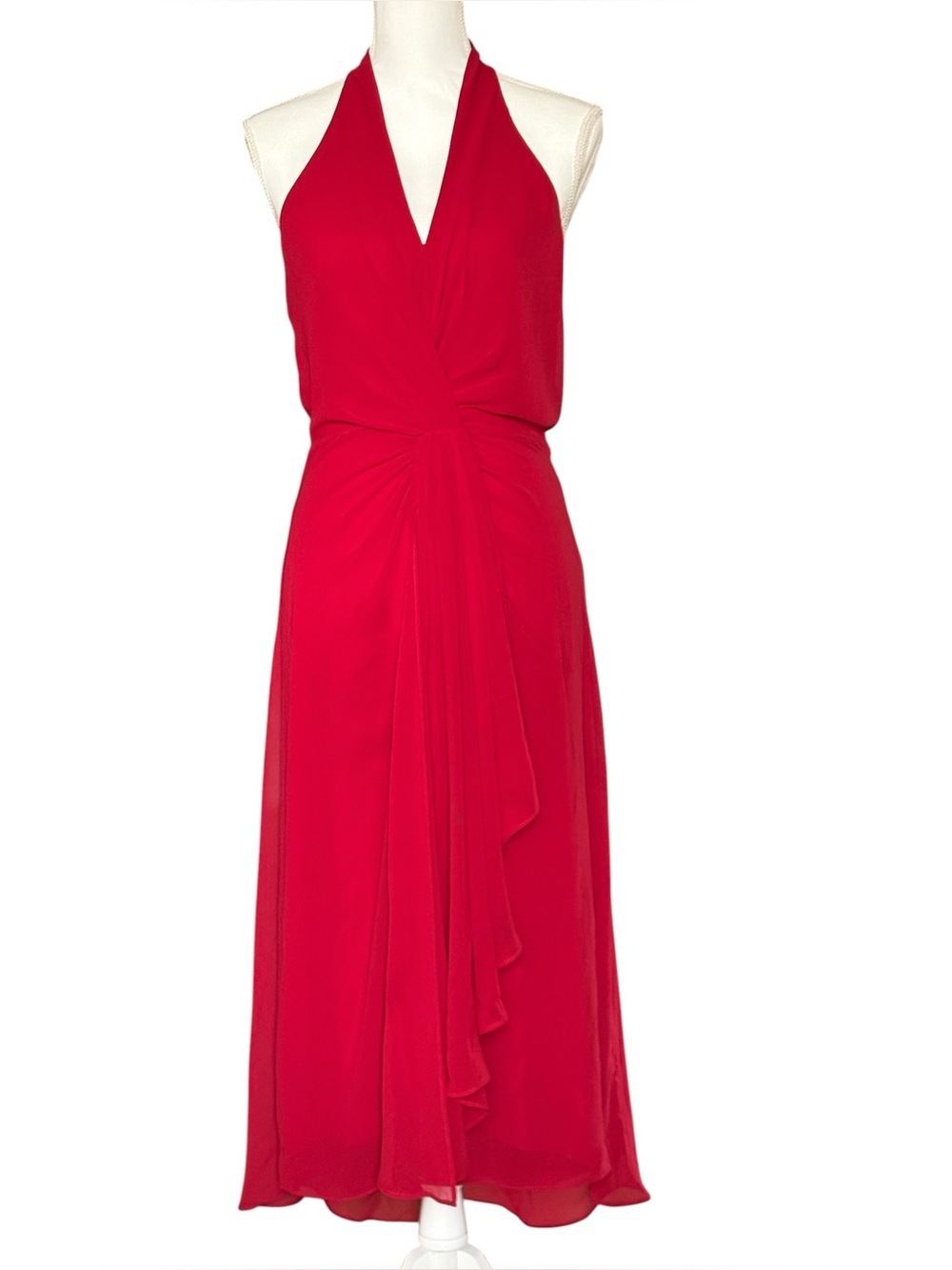White House Black Market Red Chiffon Halter Maxi Dress Ruffle Front Sz 6